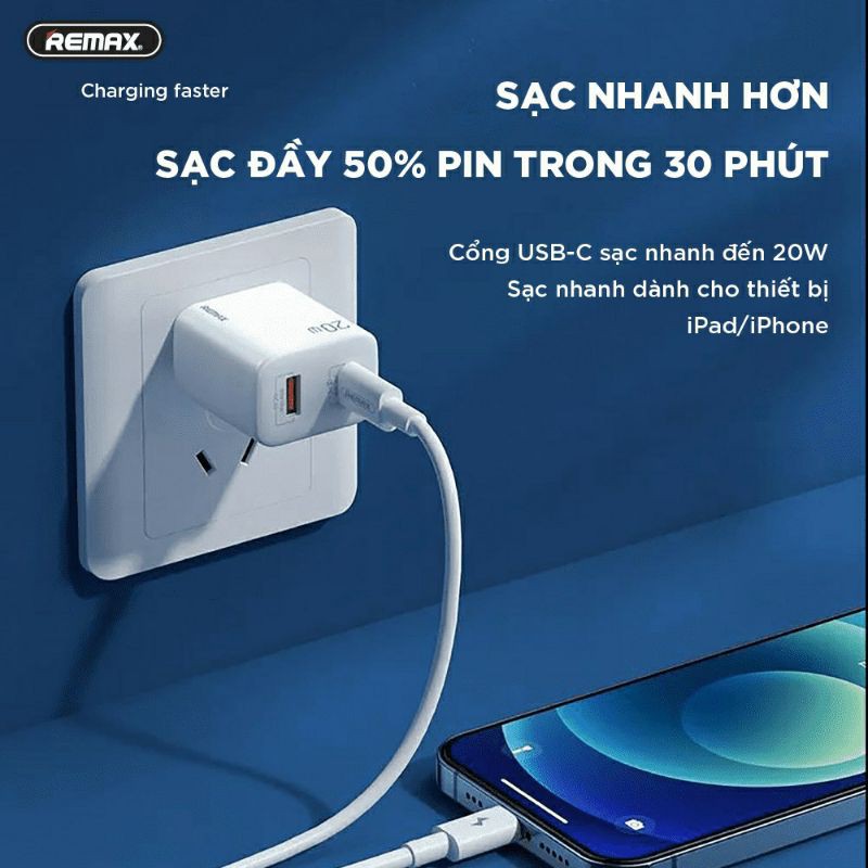 Củ sạc nhanh 20W remax RP-U88 2 cổng Type C và USB , chíp sạc thông minh sạc nhanh an toàn - Bảo hành 12 tháng