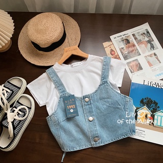 Set áo phông croptop yếm jean đan dây
