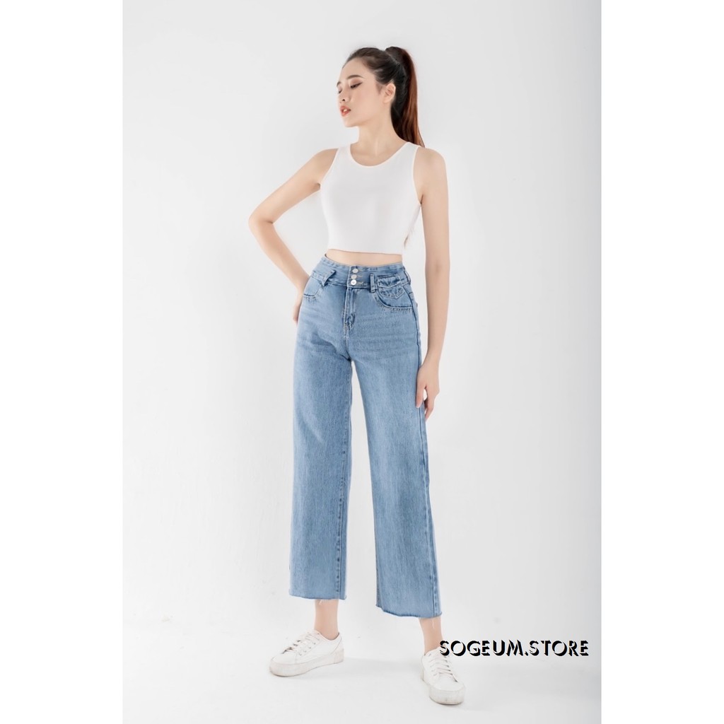 Quần jeans nữ dáng suông rộng, quần bò cạp cao tua gấu size SML sogeum.store