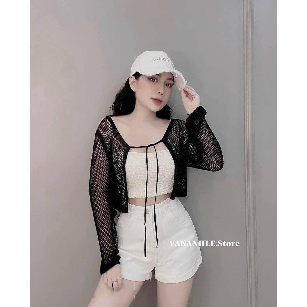 [Ảnh thật/Sẵn] Áo cadigan len mỏng croptop dạng lưới thắt nơ khoác ngoài