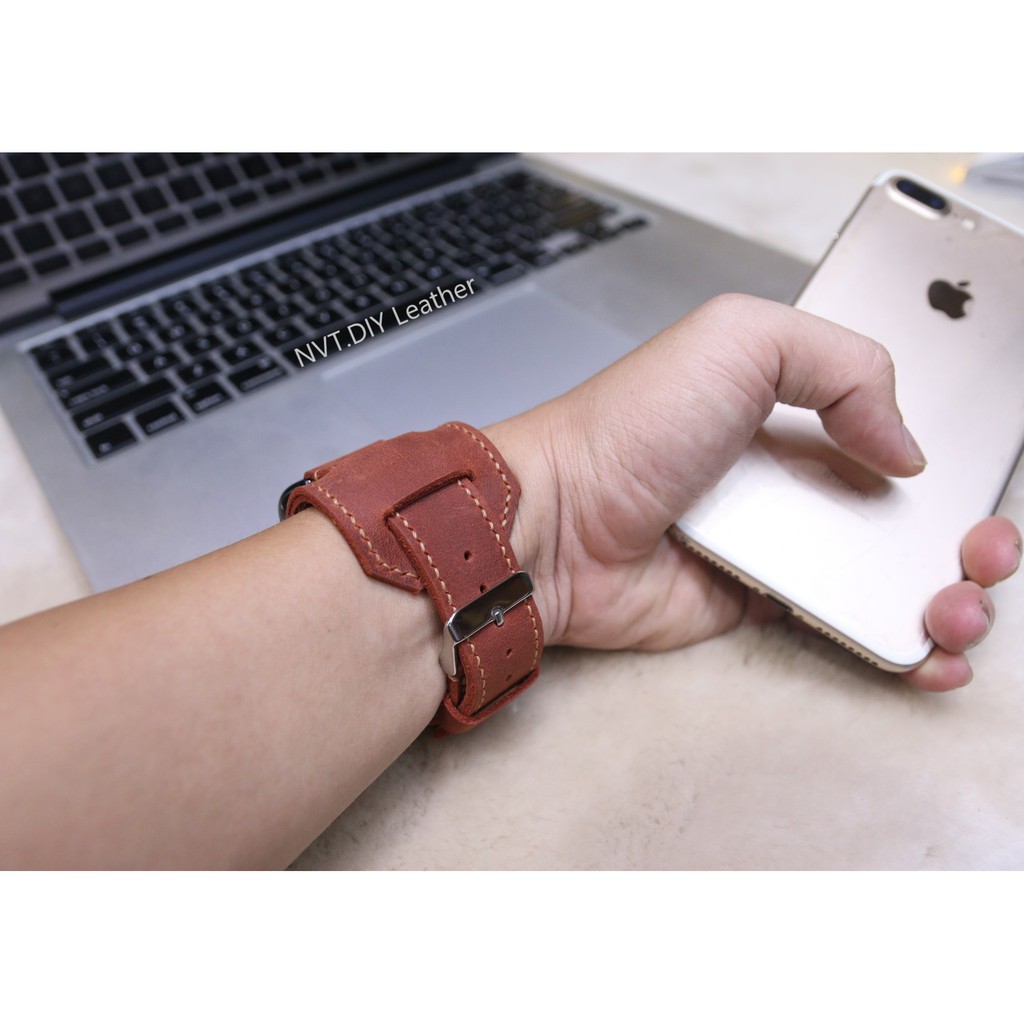 Dây đeo Bundstrap thay thế Apple Watch da bò sáp Nâu đỏ handmade