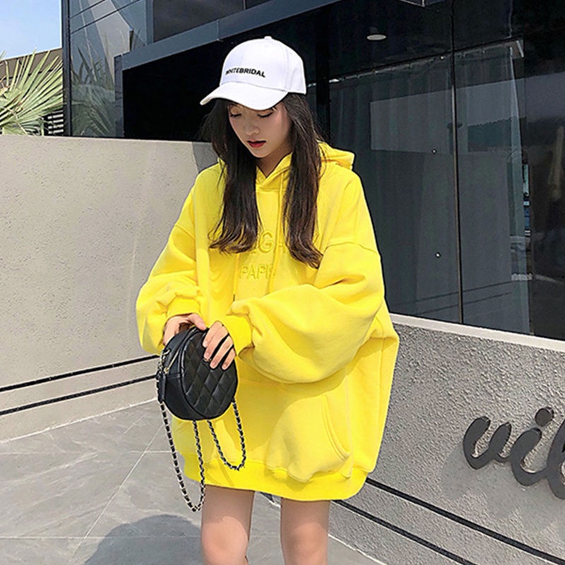 Áo Hoodie Rộng Rãi Phong Cách Hàn Quốc Mẫu Mới Mùa Thu Đông Nhung Dày Dài Áo Len Nữ