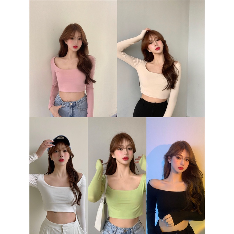 Áo thun nữ SUXI dài tay cổ chữ U màu trơn đa năng