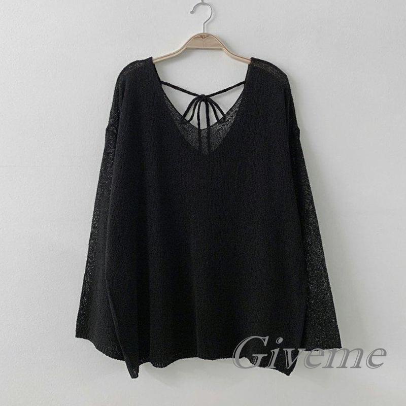 GIVEME-Women Loose Tops, Solid Color V-Neck Long Sleeve Tie-Up Knitted Pullover for Spring Summer, White/Black