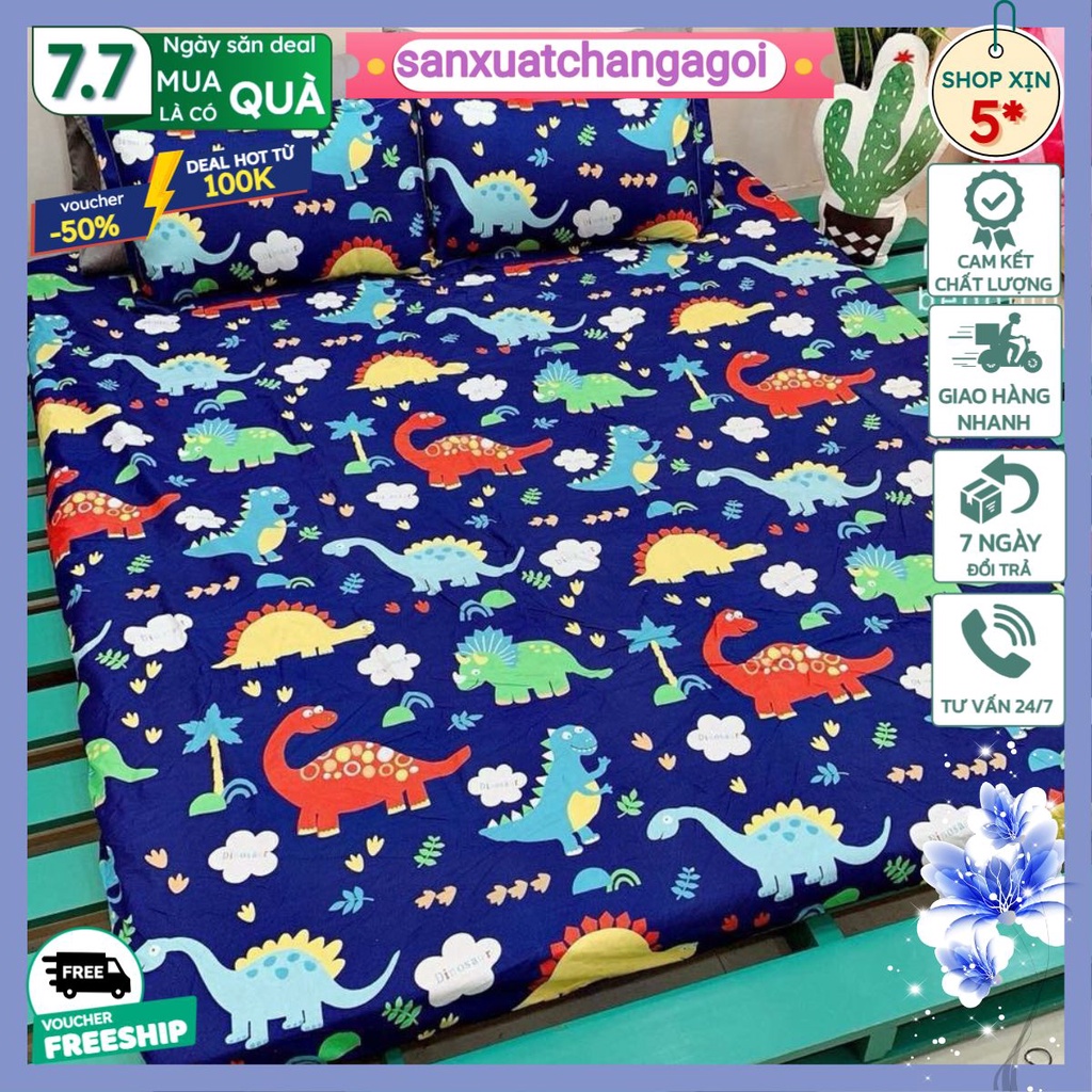 ga trải gường,ga bo chun 1m2 bọc đệm poly-khủng long xanh