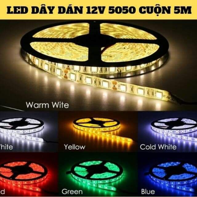 Cuộn LED dây dán 5050 12V Có Keo dài 5m trang trí tủ quầy siêu thị