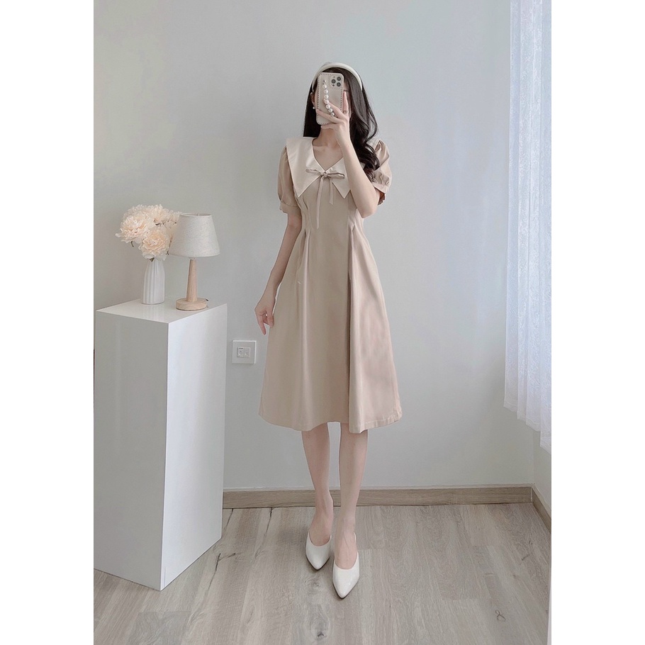 Váy cổ nơ tay bồng chất liệu kaki Hàn cao cấp VNS03 hai màu be, nâu vintage YAME