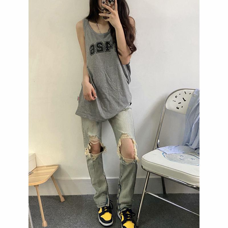 Quần jean nữ dáng dài phối rách gối thời trang cá tính