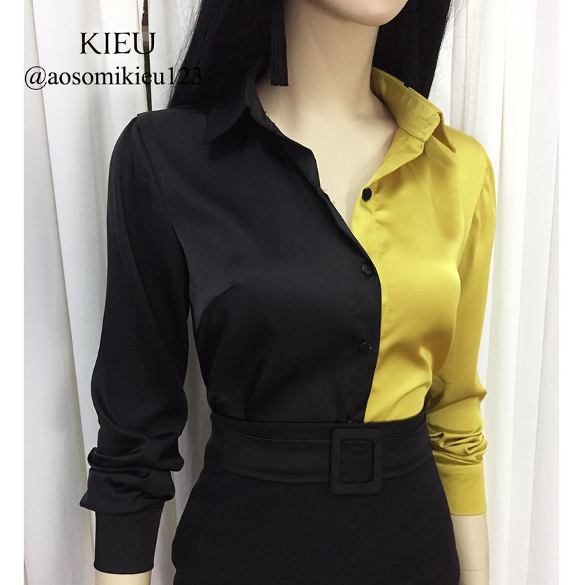 Áo sơ mi nữ đẹp 💖 Giảm 20k cho đơn 2 SP💖 Giảm 20k khi nhập KIEU123 - Áo lụa cổ đức đen vàng 💖Vải đẹp