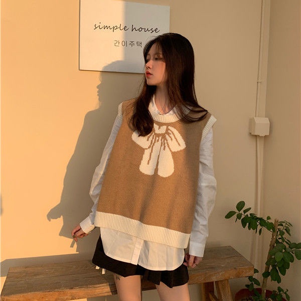 Set Áo Sơ Mi Tay Dài Và Áo Len Không Tay Cổ Chữ V Form Rộng Màu Sắc Thời Trang Hàn Quốc Cho Nữ