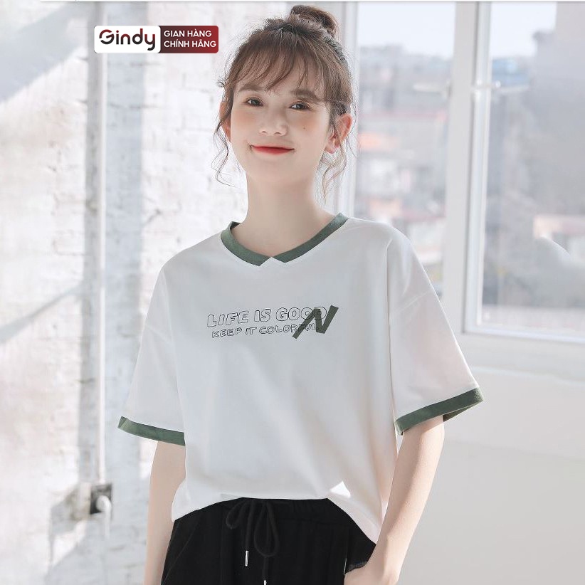 Áo thun nữ form rộng tay lỡ phông unisex cổ tròn GINDY dáng basic chất cotton co giãn, thoáng mát A010