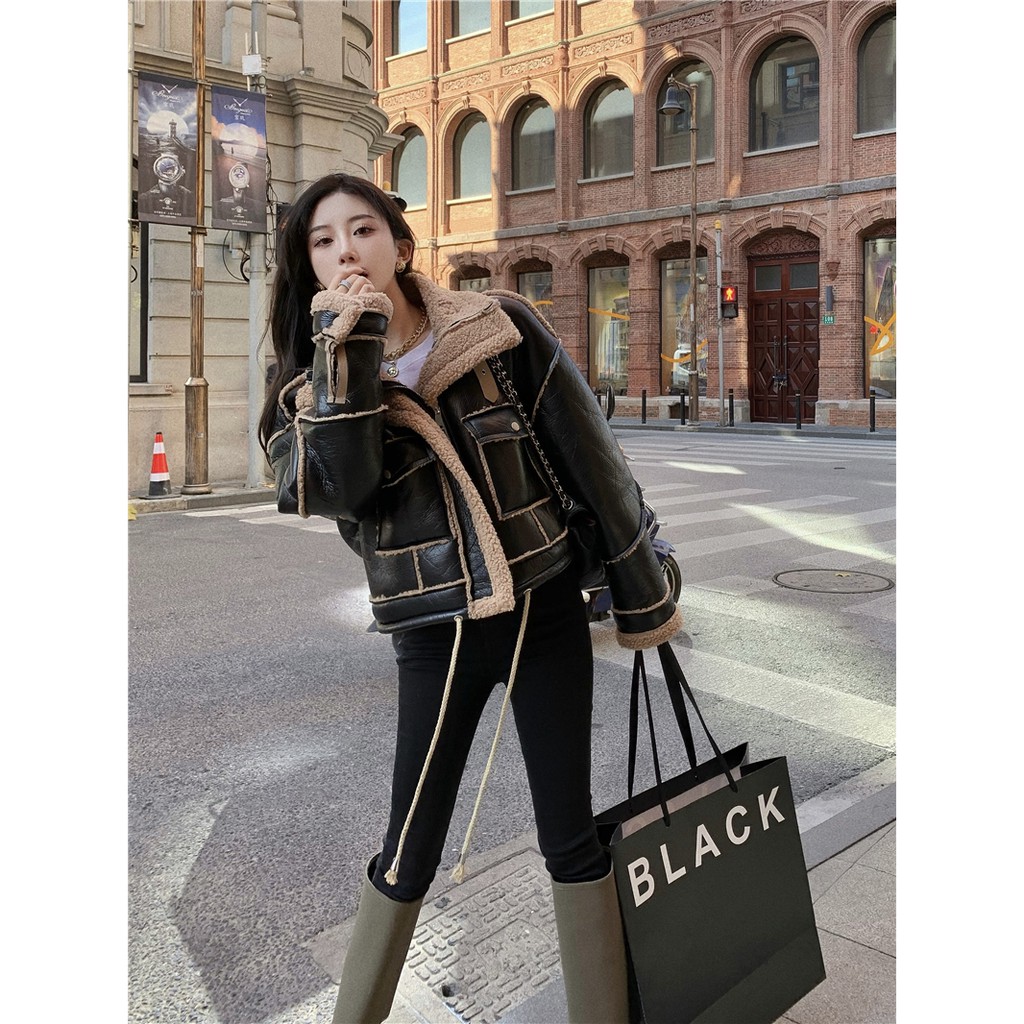Áo khoác da phối lông hàng Quảng Châu cao cấp thu đông khí chất đầu xu hướng 2021