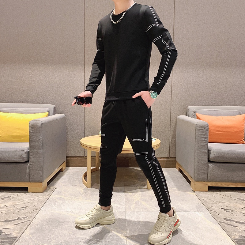 Bộ đồ thể thao Nam Hàn Quốc Áo len mỏng giản dị Cá tính Bộ hai mảnh, Nỉ Ngoại Dày Dặn Ấm Áp