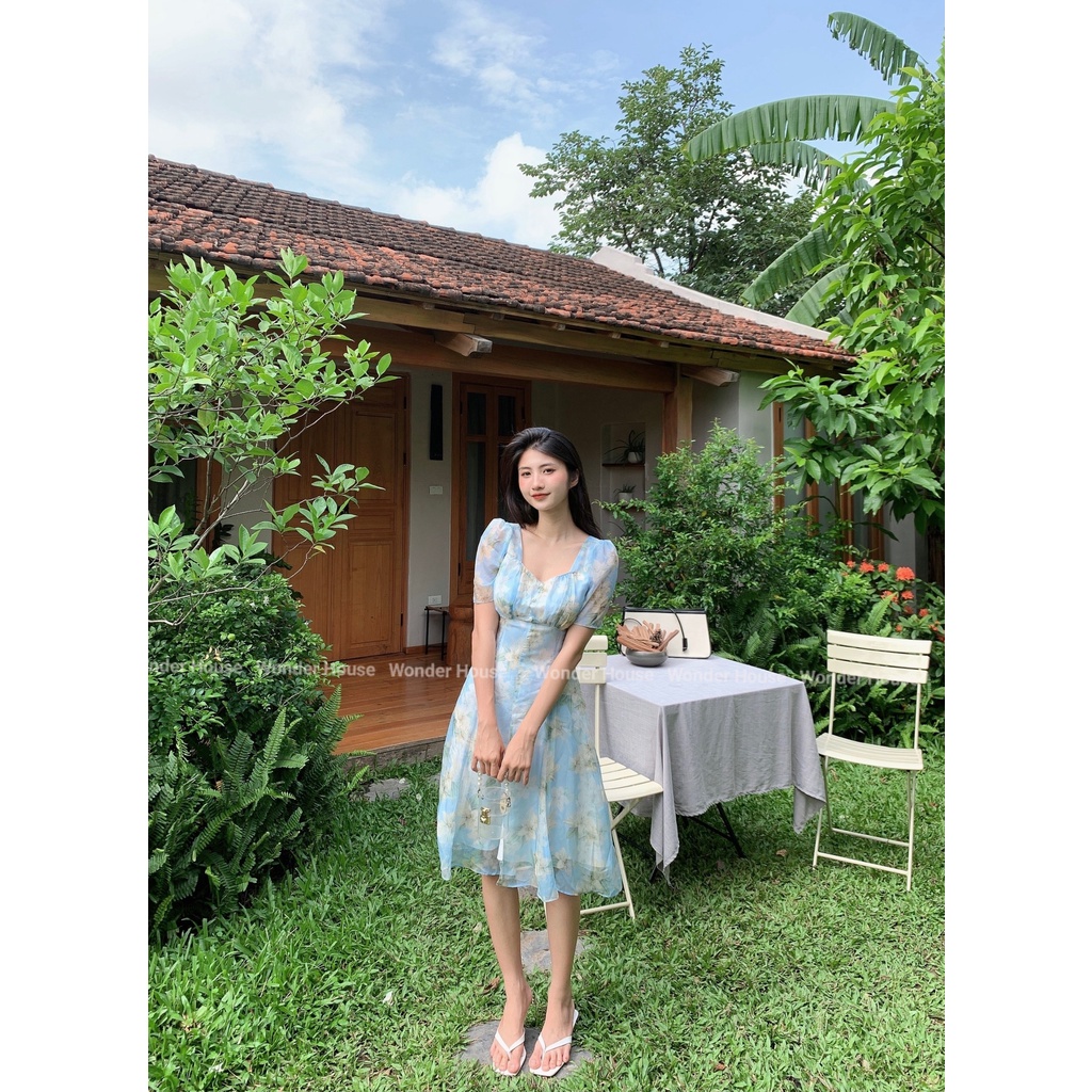 Đầm thiết kế Wonderhouse dáng dài cổ tim vải lụa in dạo phố, công sở dễ thương - Lyly dress
