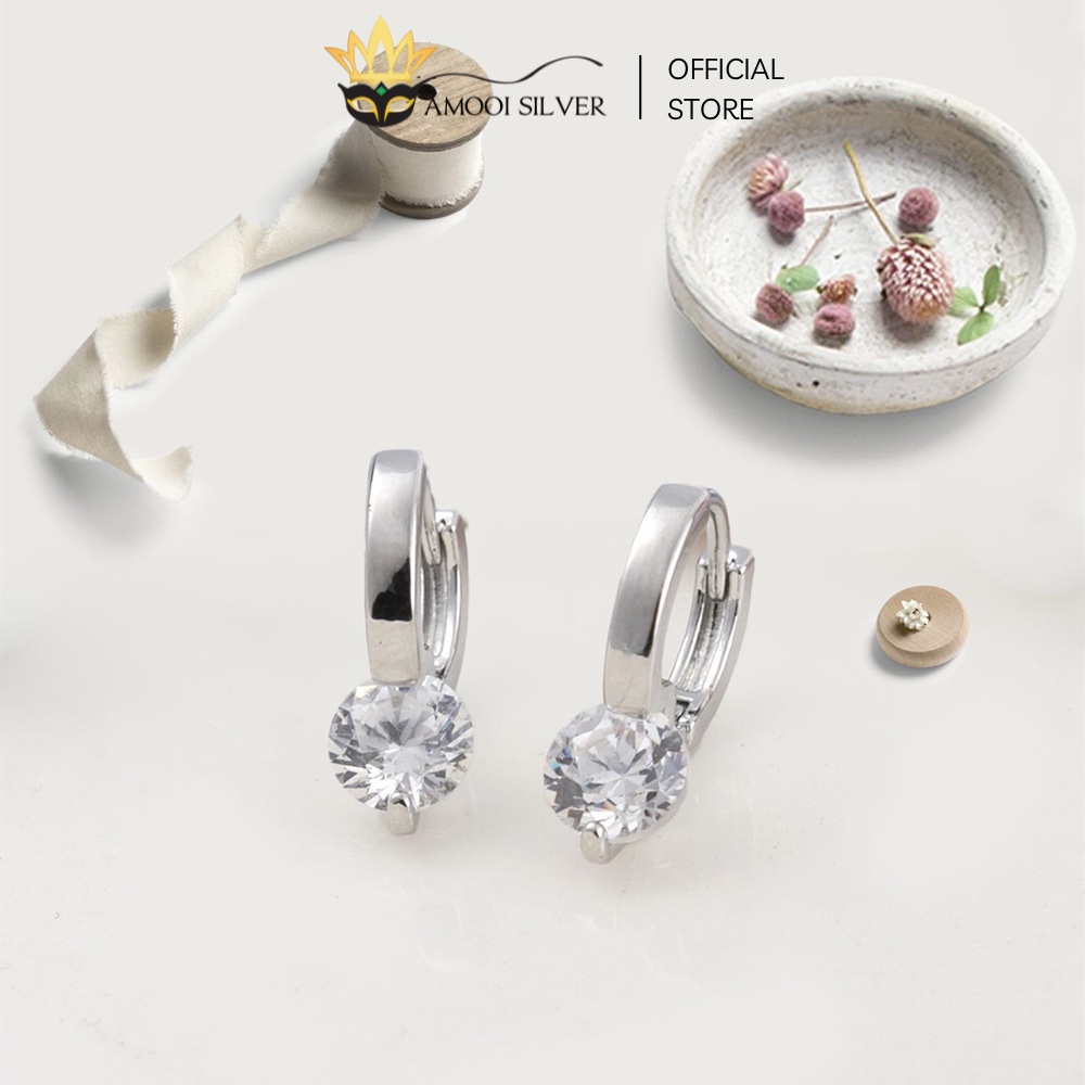 Bông tai bạc S925 khoen tròn 1 viên đá đường kính 10mm - Amooi Silver AB181