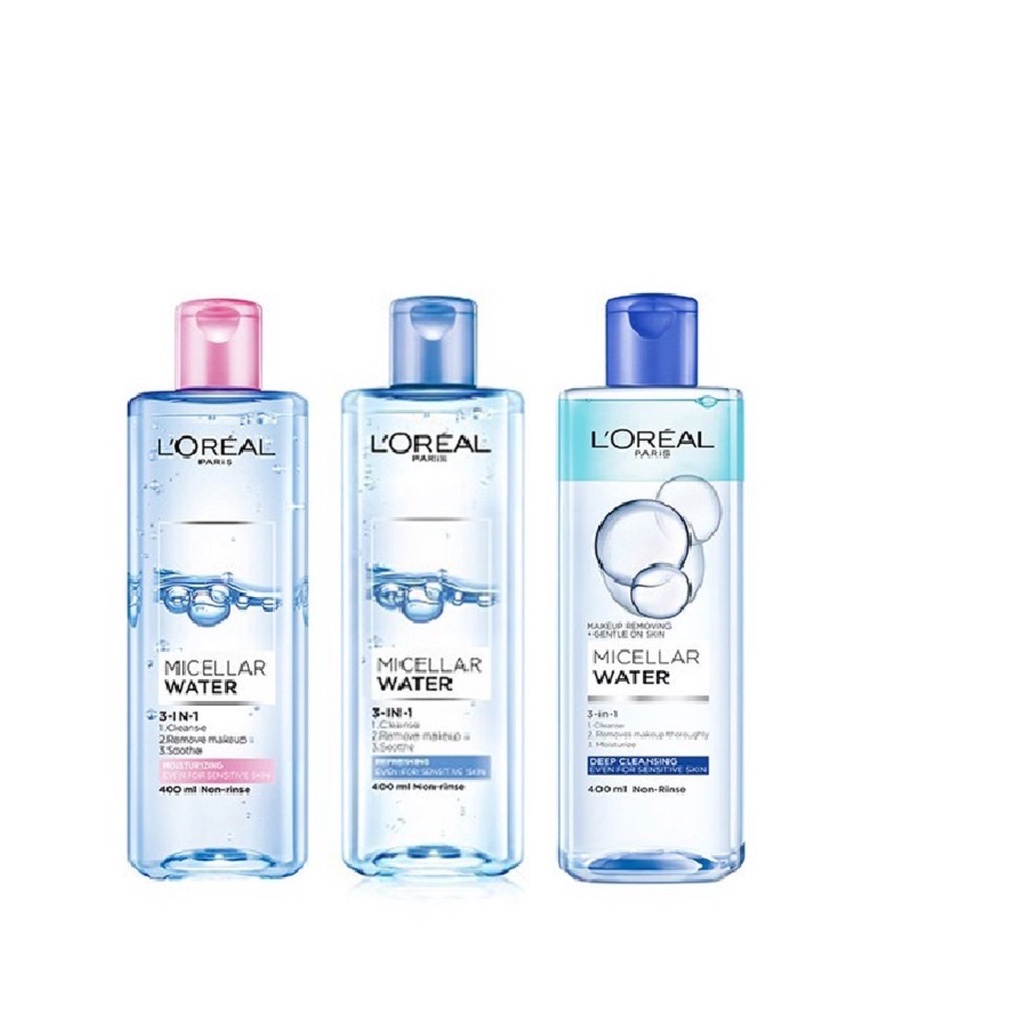 [Chính Hãng] Nước Tẩy Trang, L'oreal Micellar Loreal - 400ml. Xanh Đậm Sạch sâu - Xanh Nhạt - Hồng Dưỡng Ẩm.