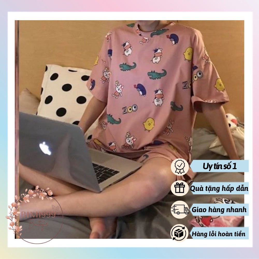 ( Xả Hàng) Bộ Cotton Thun Mát Mặc Nhà Mùa Hè Màu Hồng Hình Siêu Cute