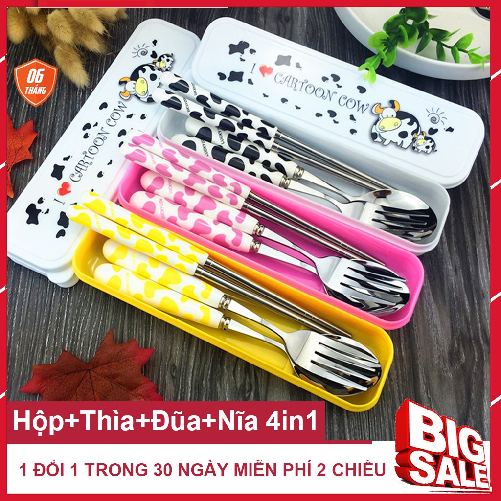 Bộ Đũa Thìa Dĩa Inox 304 Cán Sứ Cao Cấp Có Hộp Đựng Bò Sữa Siêu Dễ Thương