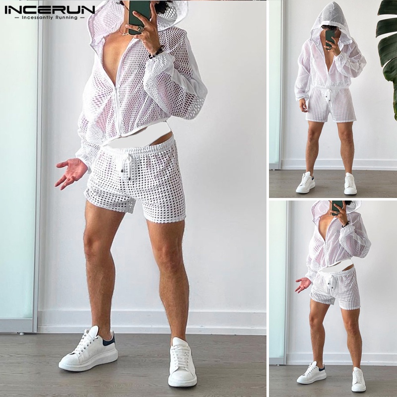 Set đồ INCERUN gồm áo lưới dài tay và quần short thể thao thời trang cho nam