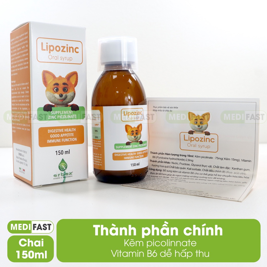Siro ăn ngon cho trẻ Lipozinc Tăng sức đề kháng, bé khỏe mạnh - Dùng cho trẻ dưới 6 tháng tuổi - Chai 150ml