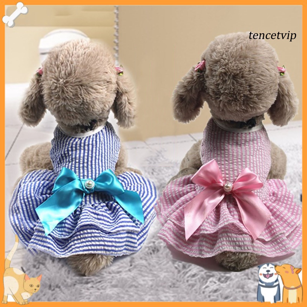 Đầm cotton kẻ sọc đính nơ phong cách thời trang xuân hè cho thú cưng