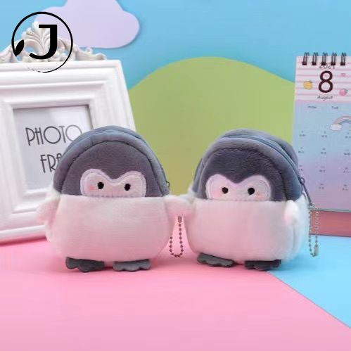 Ví đựng tiền xu/tai nghe/cáp sạc KAITIFEI hình chim cánh cụt vải lông phong cách Hàn Quốc thời trang cho nữ