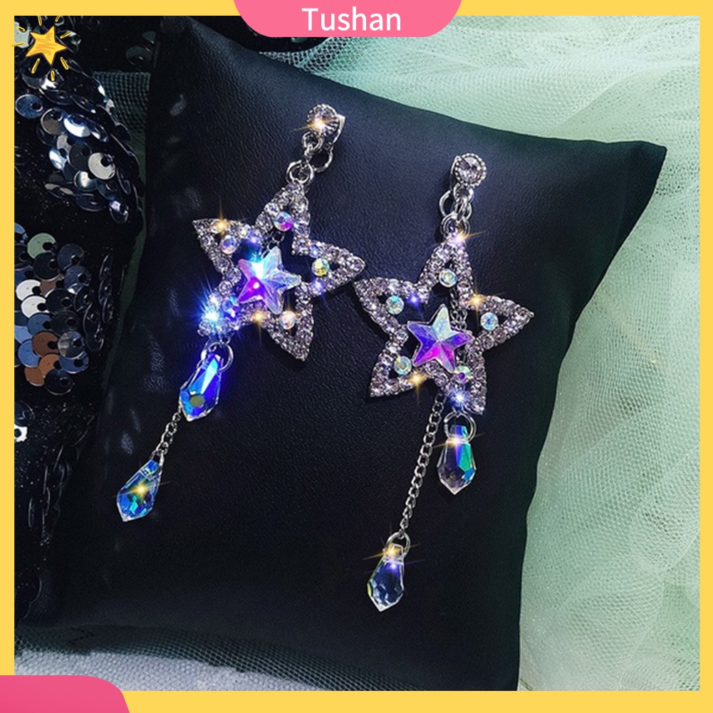 TUSH_Party Women Shiny Rhinestone Inlaid Star Long Tassel Drop Dangle Stud Earrings