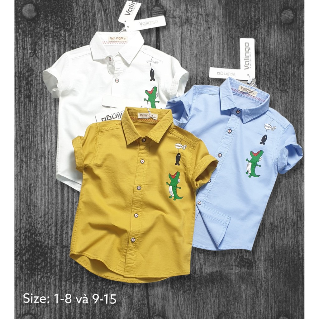 Áo Sơmi cho bé trai VALINGO, Mẫu Khủng Long Cute, Vải Cotton đặt dệt riêng, size từ 9-25kg