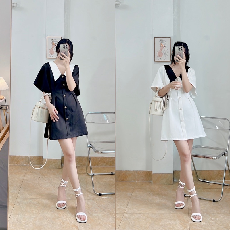 Váy tiểu thư cổ chéo chiết eo