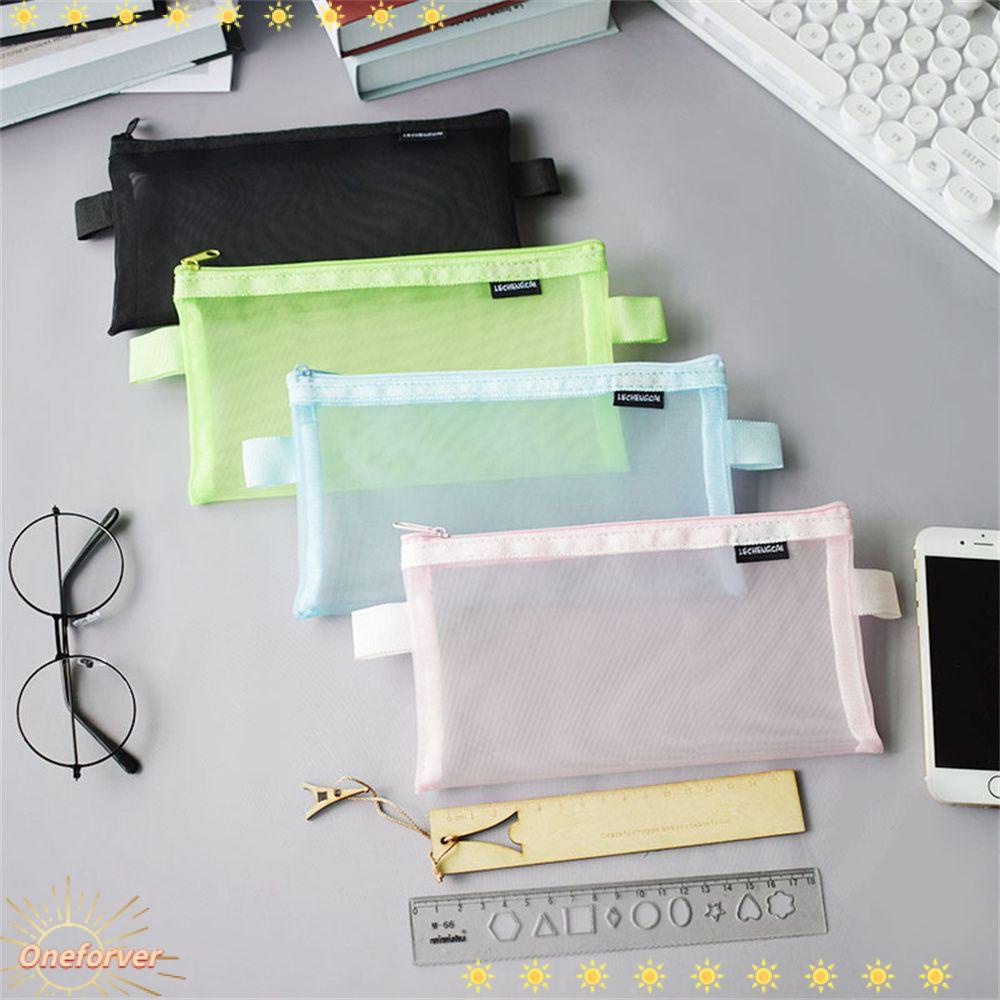 FOREVER Unisex Pencil Case Pen Box Stationery Transparent Mesh Portable Nylon School Supplies Simple Storage Bag/Multicolor