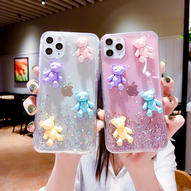 Samsung Galaxy A6 A8 J4 J6 Plus A7 A9 J8 2018 A750 J2 Prime J5 Prime J7 Prime Clear Cartoon 3D Bear Bling Soft Phone Case Back Full Cover