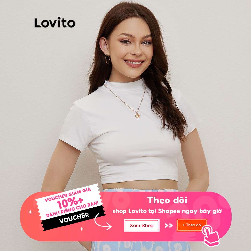 Lovito Áo Thun Lửng Cổ Đứng Màu Trắng Kiểu Dáng Hợp Thời Trang L20D122