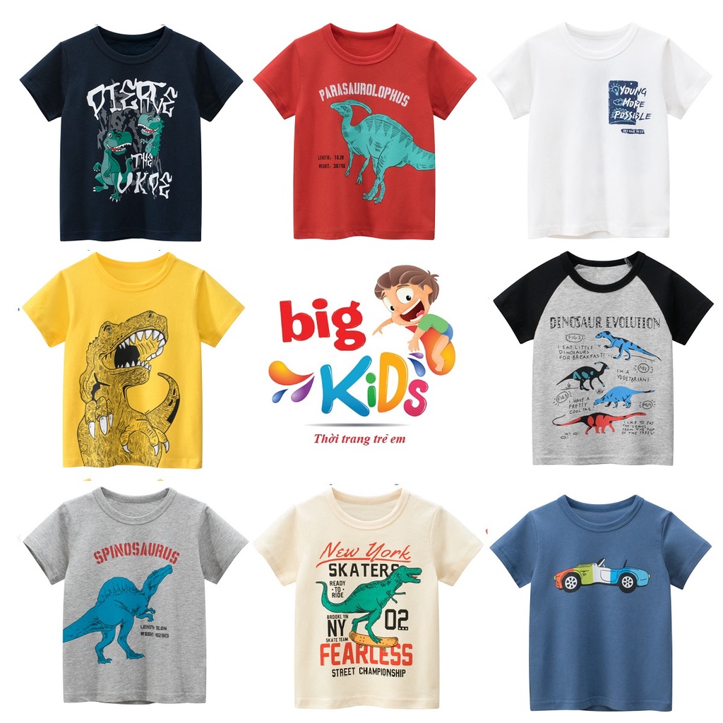 Áo thun bé trai Bigkids áo phông cho bé 2 đến 8 tuổi chất cotton họa tiết khủng long