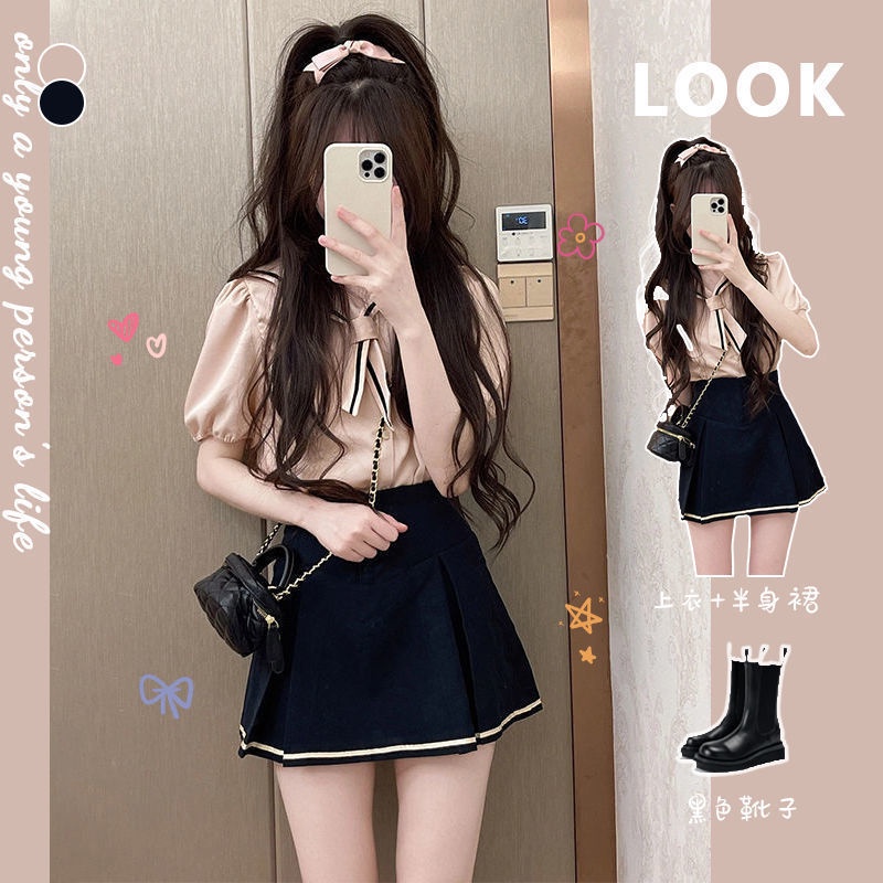 Bộ Áo Sơ Mi Tay Phồng Cổ Thủy Thủ + Chân Váy Xếp Ly Lưng Cao Thời Trang Mùa Hè Phong Cách Preppy Dành Cho Nữ 2022