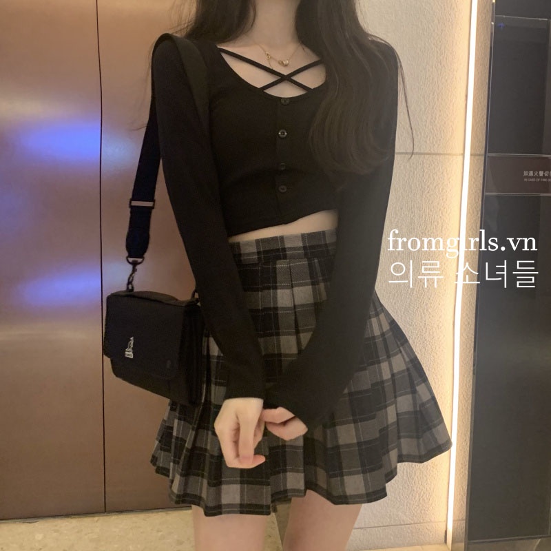 Set áo croptop dài tay chân váy tennis dạ caro có tách lẻ ulzzang Hàn Quốc