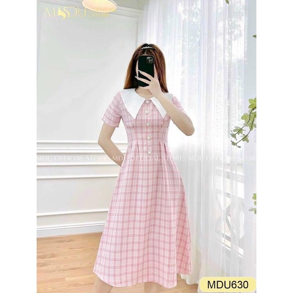 Váy sơ mi kẻ hồng dáng dài