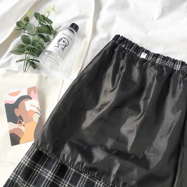 CV45 CHÂN VÁY DÁNG DÀI KẺ CARO XẺ MỘT BÊN EO CHUN