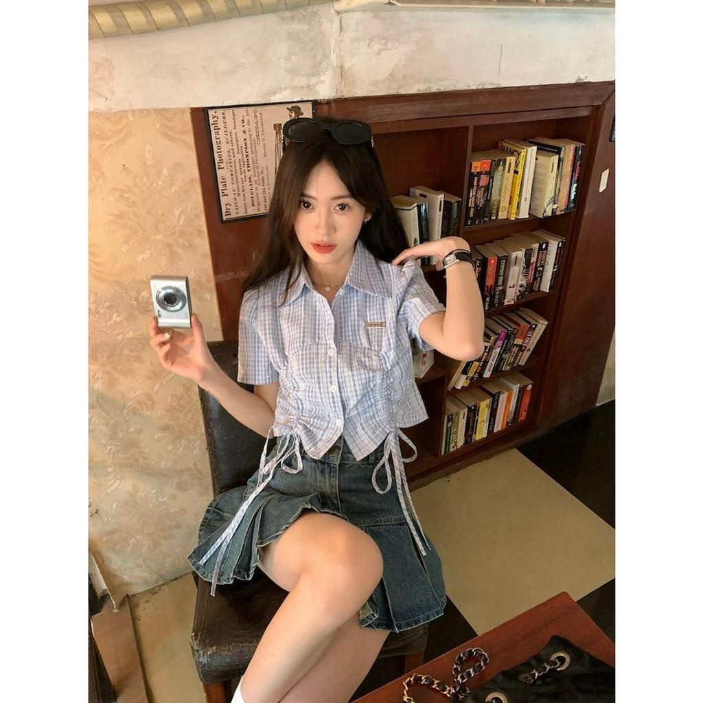 QADCOL Áo Sơ Mi polo Tay Ngắn Kẻ Sọc Xanh Dương Cao Cấp Thời Trang Mùa Hè Dành Cho Nữ