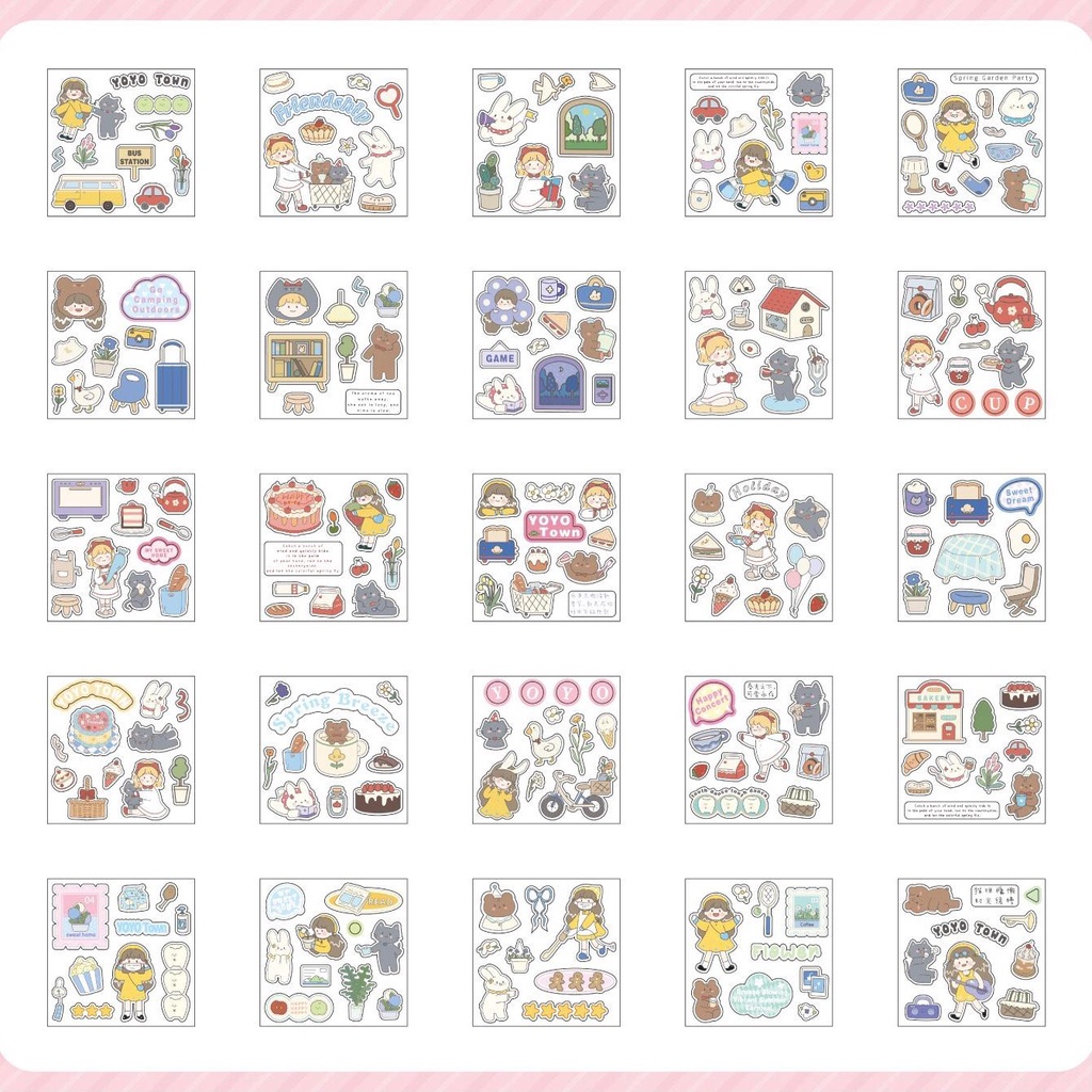 Hộp 100 tờ stickers nhựa PET PVC không thấm nước cắt sẵn không trùng mẫu dùng để trang trí