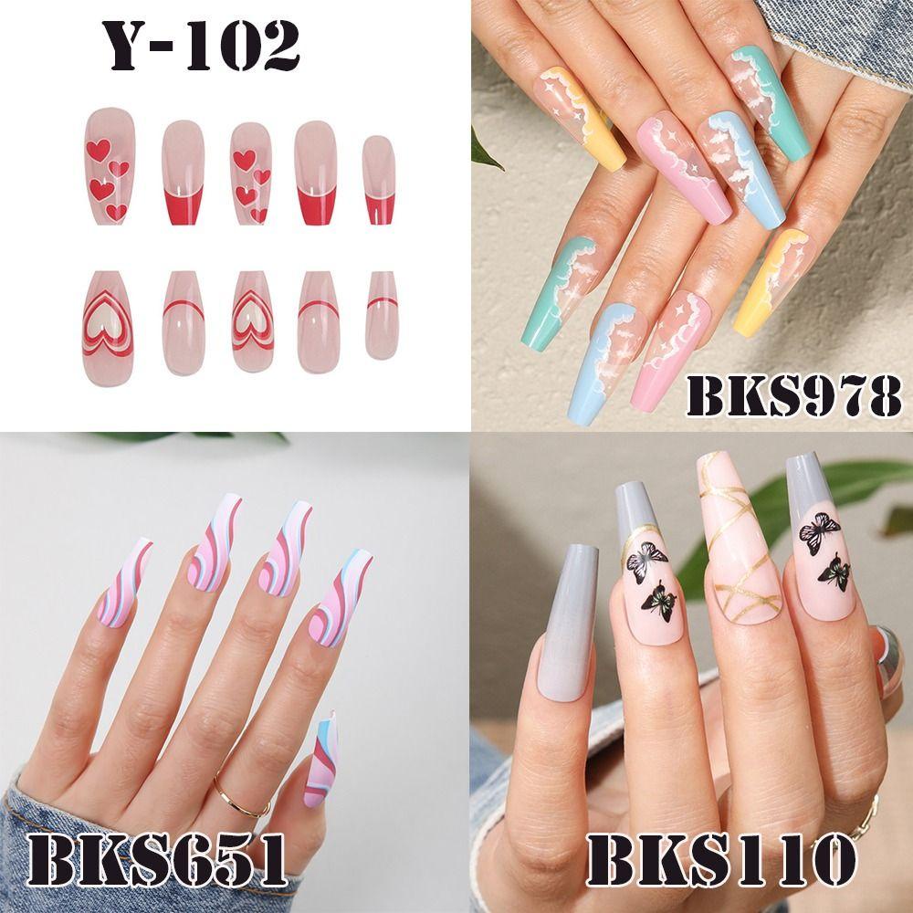 Bộ 24 Móng Tay Giả Dạng Nhấn Che Phủ Toàn Diện Họa Tiết Bướm Kiểu Pháp