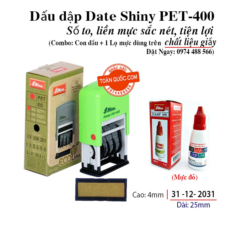 [Shiny PET-400 và 1 Lọ mực trên giấy] Dấu dập date Mini Dater PET-400 dùng trên giấy thường (Kèm 01 lọ mực)