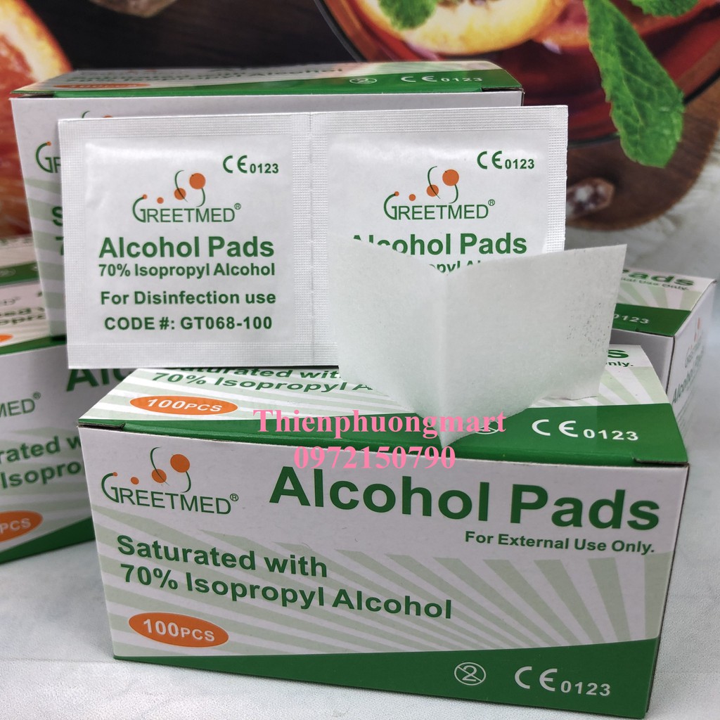 Bông tẩm cồn Greetmeed (Hộp 100 miếng) – Alcohol Pads -Làm sạch da trước khi tiêm, lau điện thoại, lau tay khi mở cửa