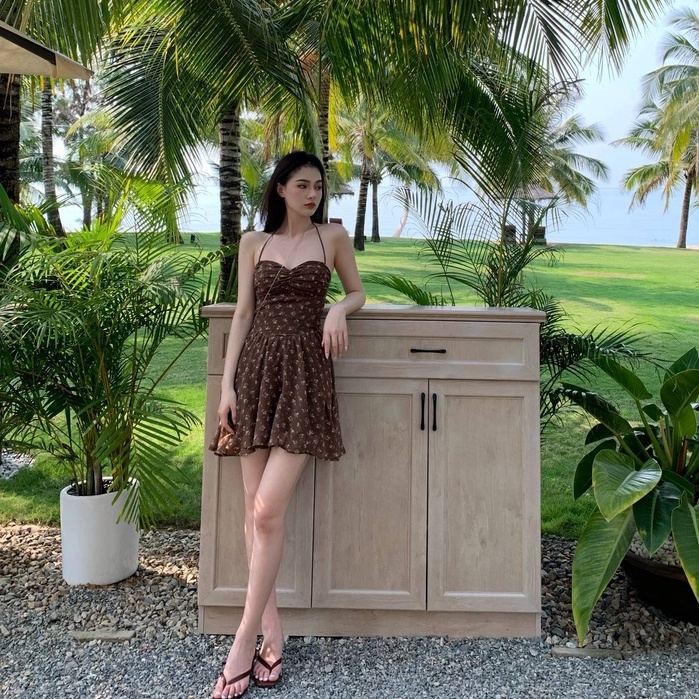 [MURIOKI] Đầm Chữ A Không Tay Hở Lưng Cổ Chữ V In Họa Tiết Hoa Phong Cách Hàn Quốc Dành Cho Nữ