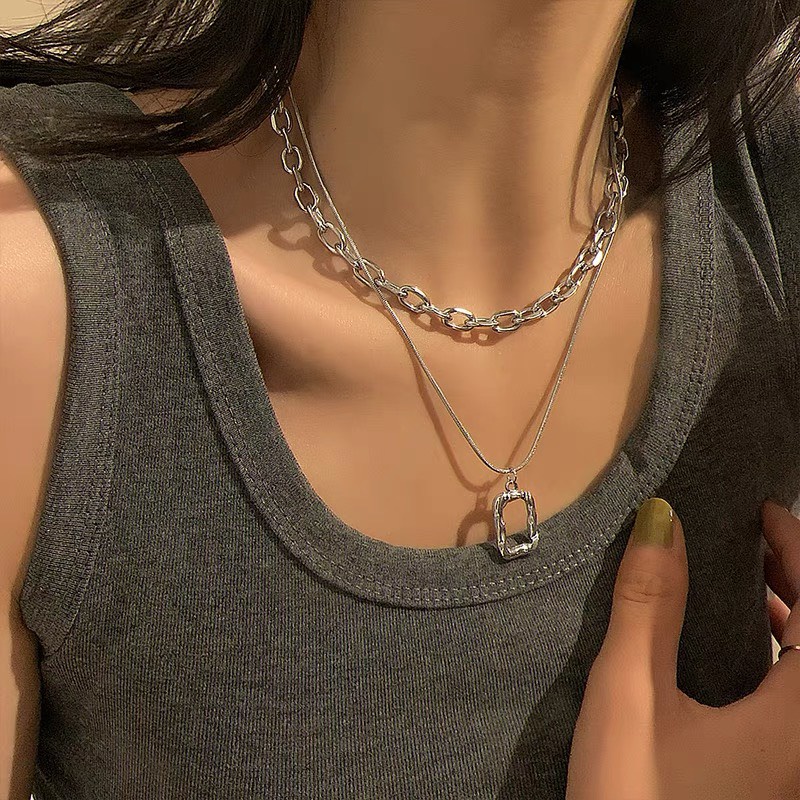 Dây chuyền nam nữ  2 tầng mặt vuông gợn sóng Vòng cổ unisex