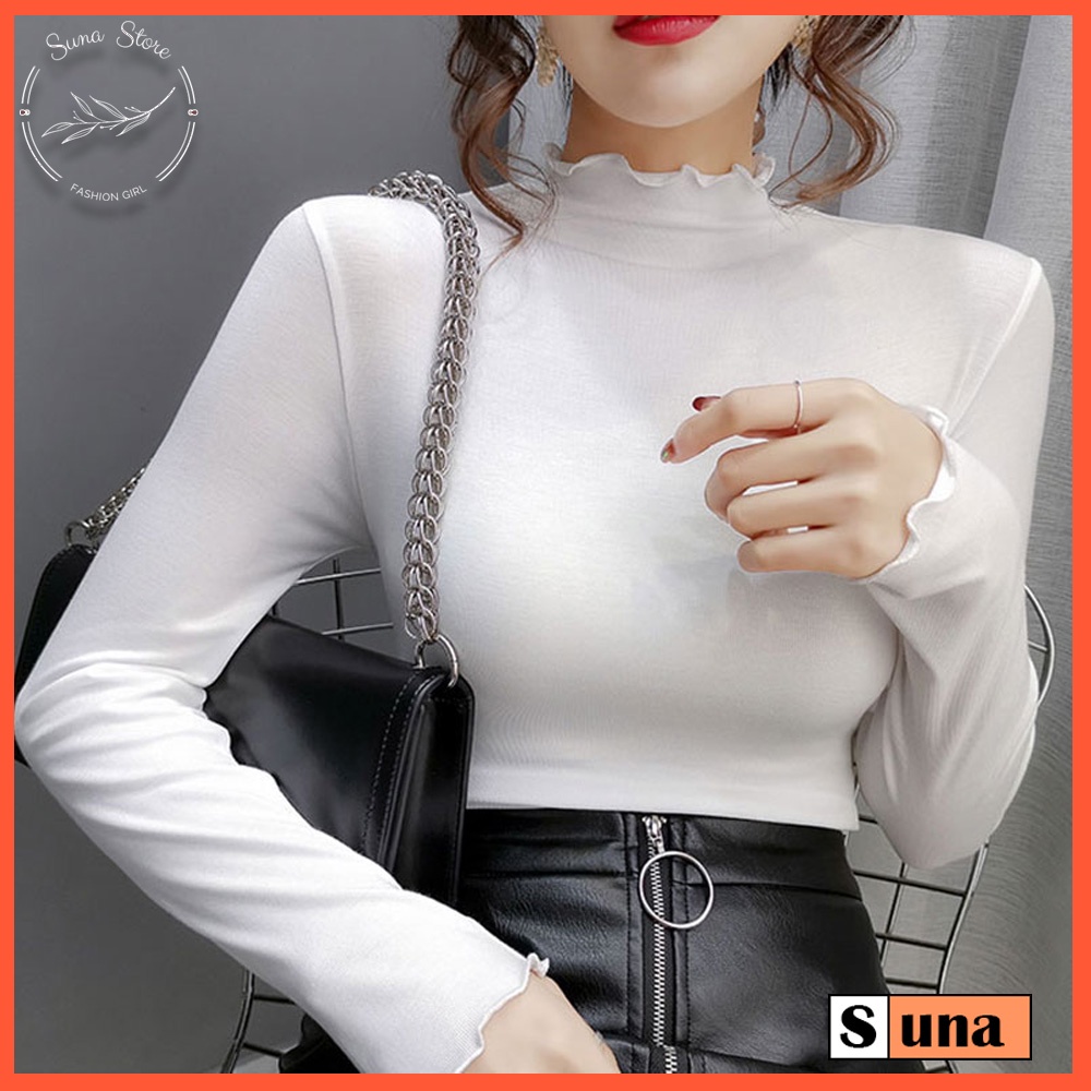[Quà tặng là kẹo] Áo thun nữ tay dài cổ cao ôm body, Áo phông nữ có cổ len tăm SUNA FASHION từ 40-60Kg AT01