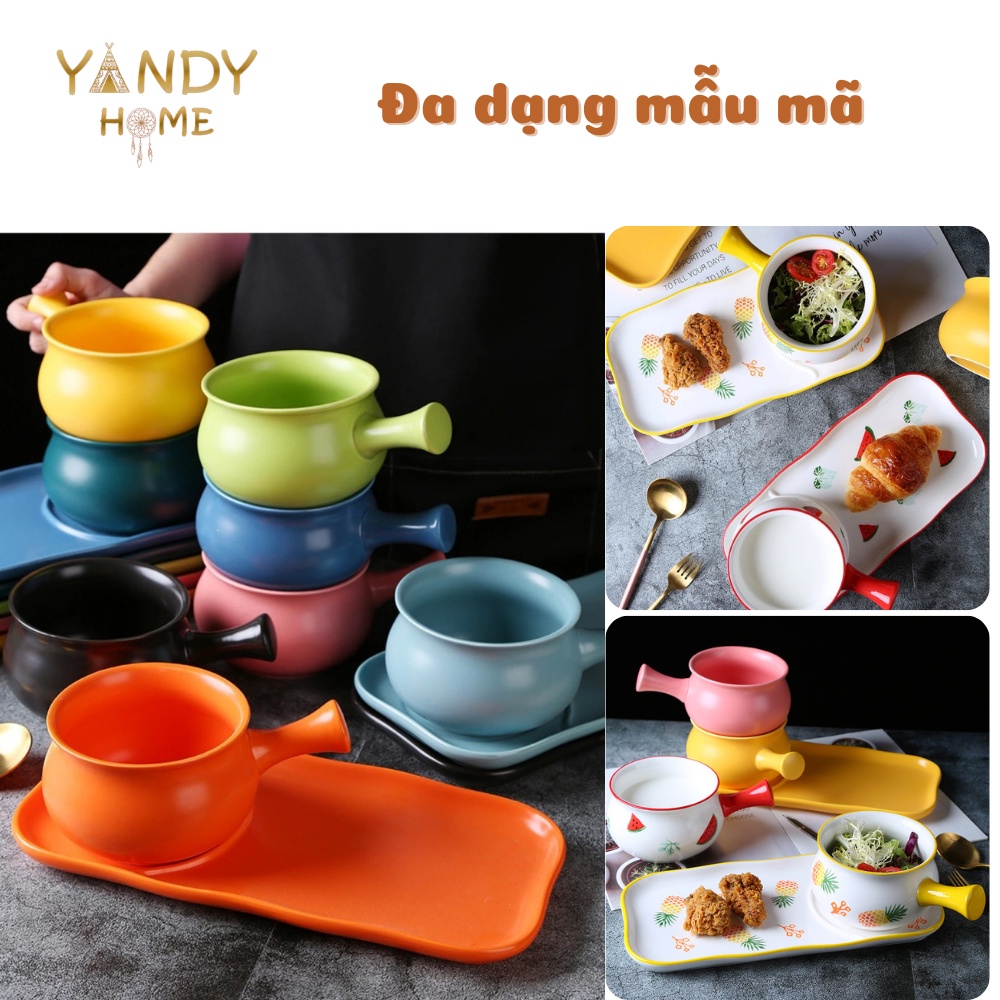 Bộ bát sứ có tay cầm kèm đĩa chữ nhật YANDY HOME BB08 quánh có dĩa gốm men cao cấp