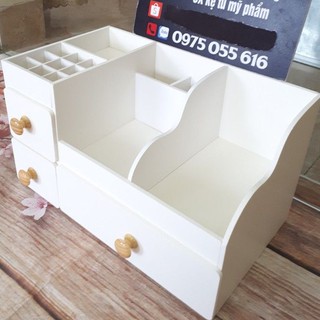 Kệ đựng mỹ phẩm max 35cm màu trắng núm gỗ sáng 9 ô son trên