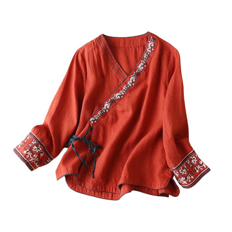 Áo Cotton Lanh Dáng Rộng Thêu Họa Tiết Thủ Công Phong Cách Dân Tộc Retro Mùa Hè Mới Cho Nữ