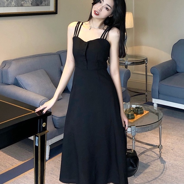 Đầm Hai Dây Dáng Dài Màu Đen Phong Cách Mori Thời Trang Xuân Hè Xinh Xắn Cho Nữ