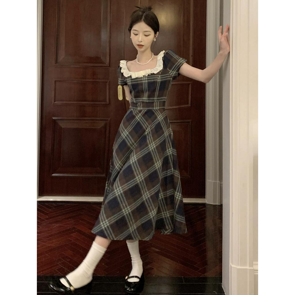 Platycodon Đầm Tay Ngắn Cổ Vuông Phối Ren Họa Tiết Kẻ Sọc Phong Cách Cổ Điển Thời Trang Cho Nữ